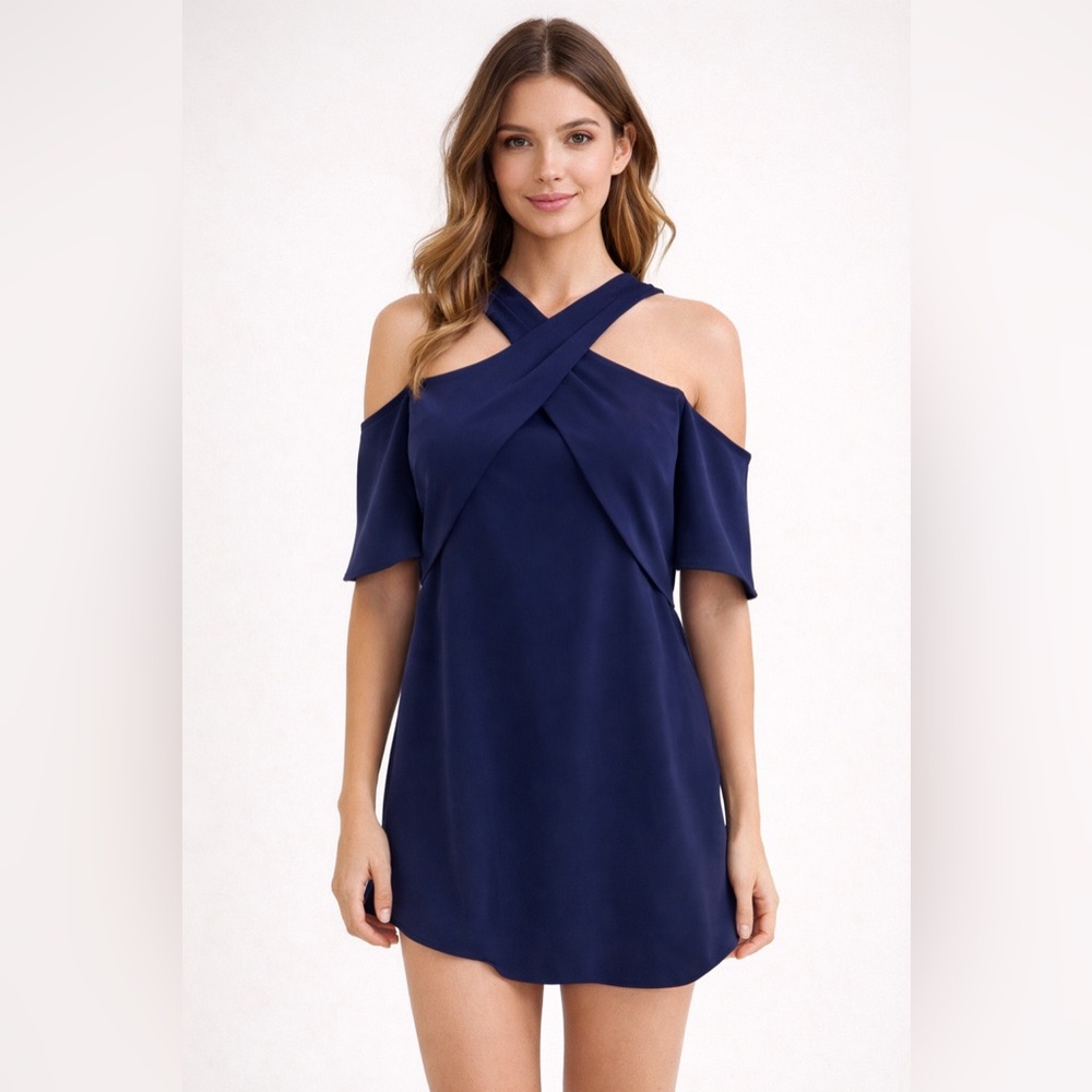 Sugar + Lips Navy Blue Cold Shoulder Mini Dress Cross Strap Size XS Shift Dress